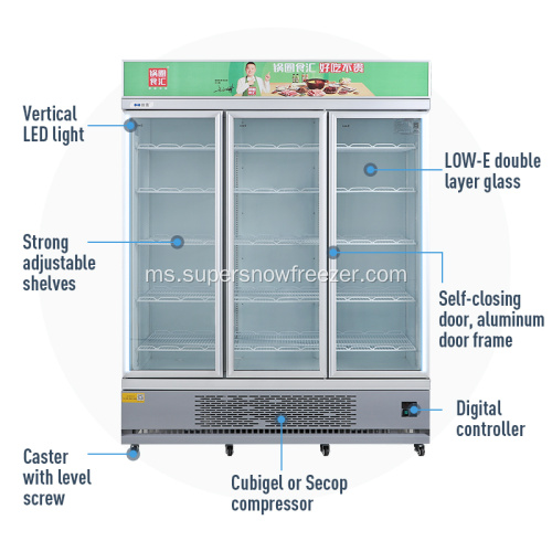 Freezer Paparan Pintu Kaca Vertikal Kipas Komersial Menyejukkan